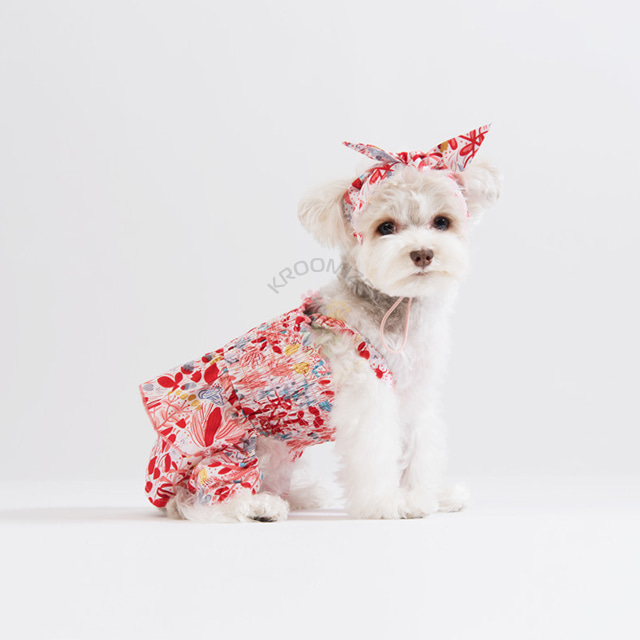 스니프 플로랄 롬퍼 꽃무늬 드레스 강아지옷 민소매 나시 핑크 (헤어밴드 미포함)
